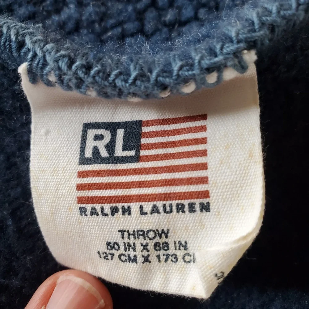 Vtg‎ Ralph Lauren Blue Fleece Throw Blanket Leather Patch 50x68 Rustic Cabin